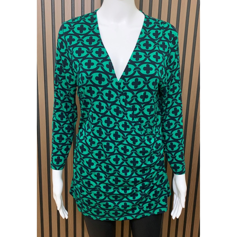 Boden Women's Green Navy Geometric Faux Wrap Top Long Sleeve Jersey Blouse 14